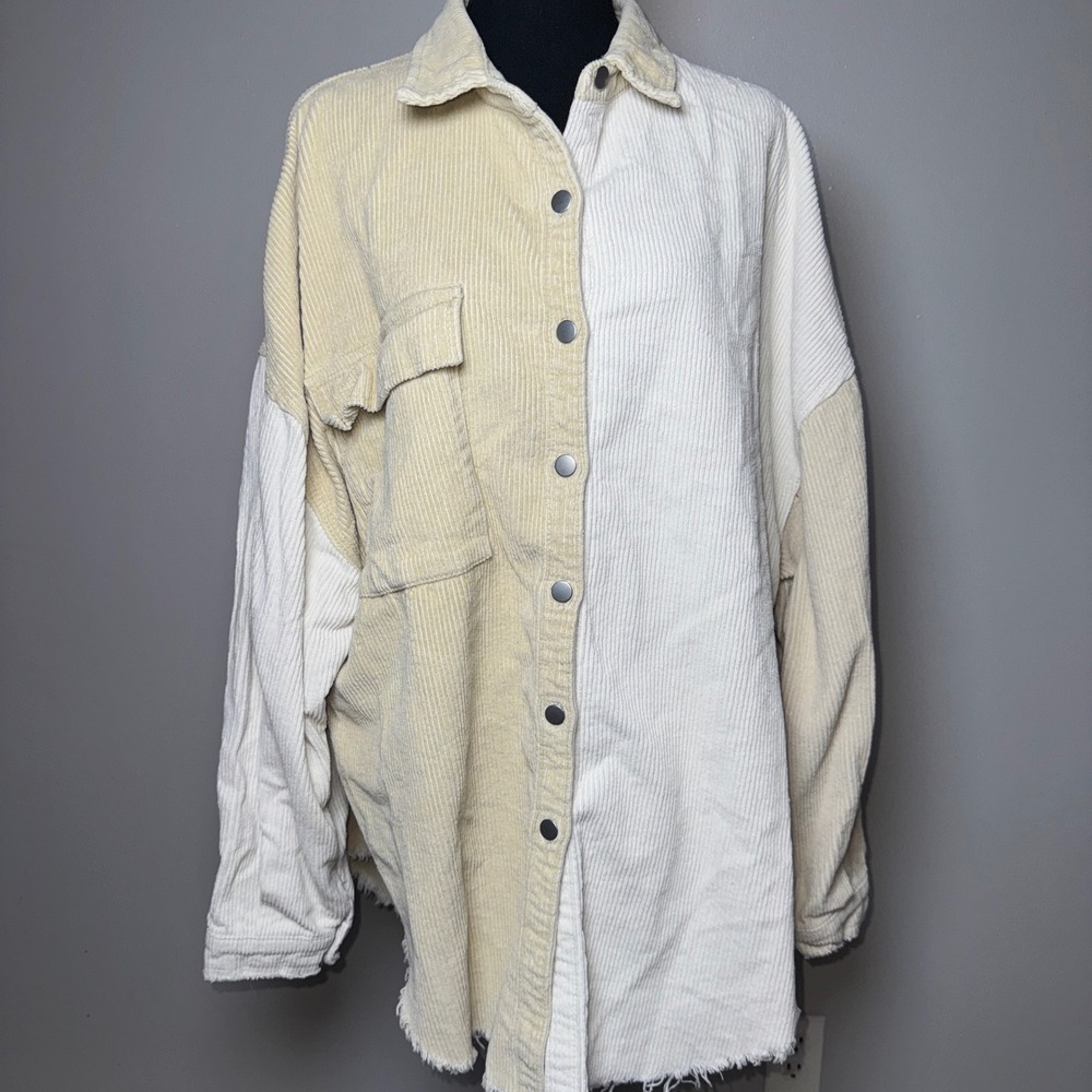 POL Colorblock Corduroy Shacket Cream Tan Star Patch Raw Hem SMJ183 Large Fall